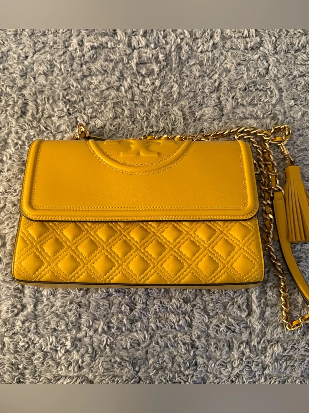 Tory Burch Bright Yellow Quilted Logo Shoulder Bag with Gold Chain